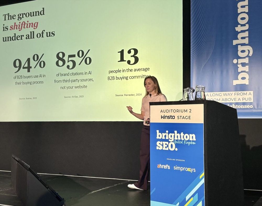 Justyna Brownbridge speaking at BrightonSEO 2026 about expert visibility on LinkedIn and AI search